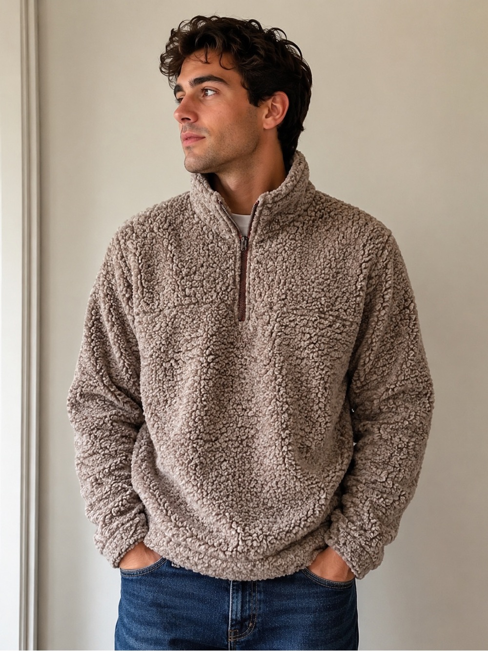 Oak Hall Men’s Beige Sherpa 1/4 Zip Mock Neck Pullover Sweatshirt Size L